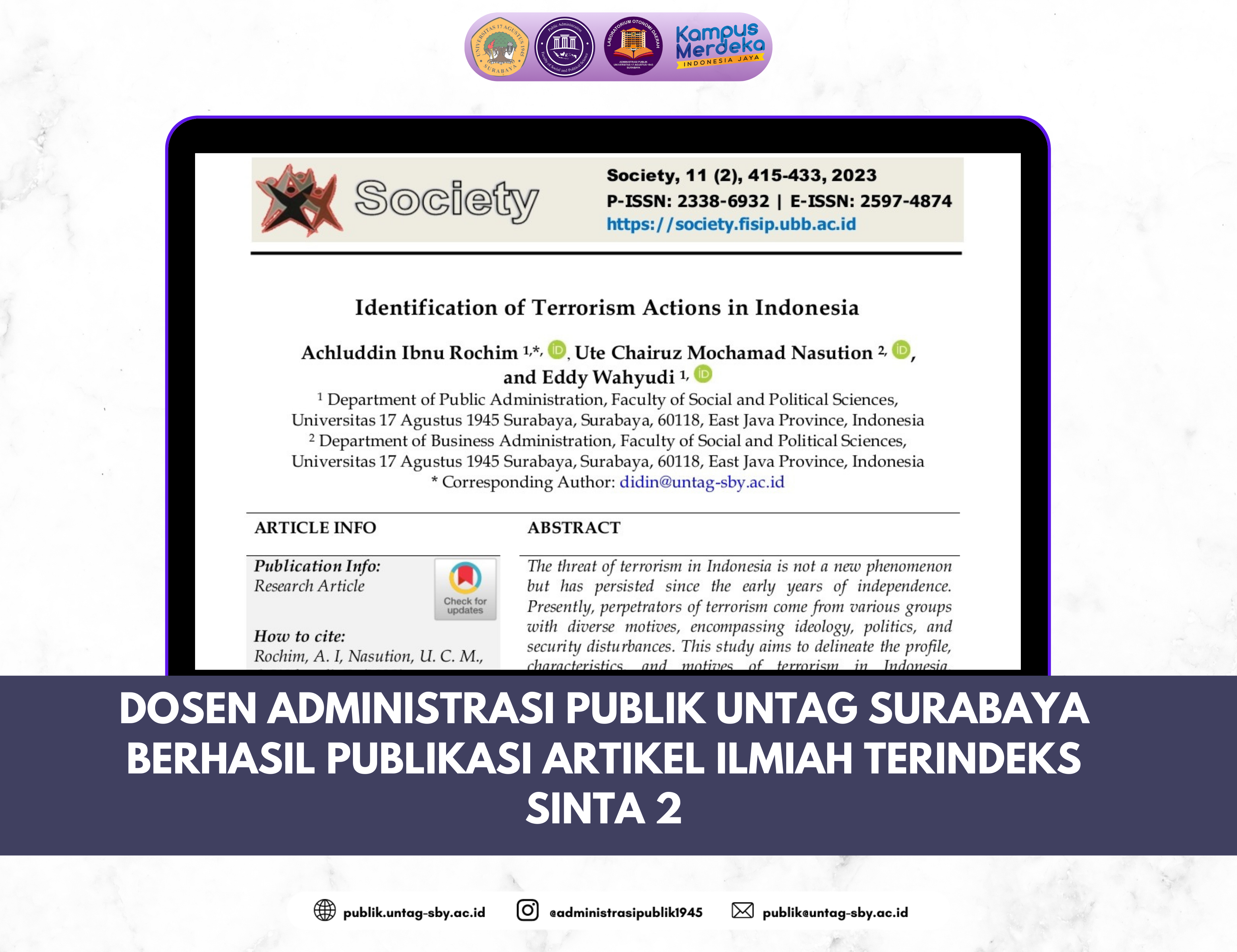 Dosen Administrasi Publik Untag Surabaya Berhasil Publikasi Artikel Ilmiah Terindeks SINTA 2