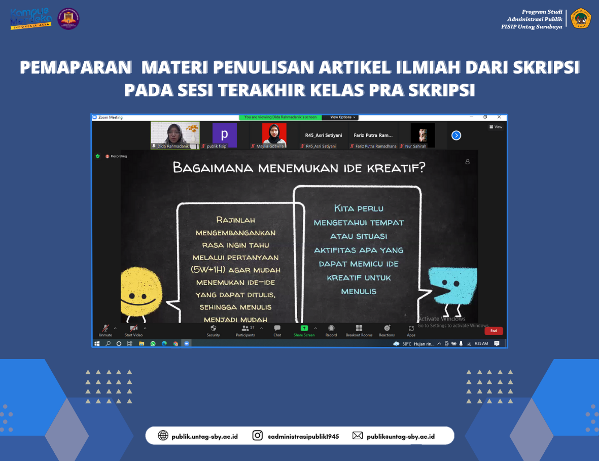 PEMAPARAN MATERI PENULISAN ARTIKEL ILMIAH DARI SKRIPSI PADA SESI TERAKHIR KELAS PRA SKRIPSI