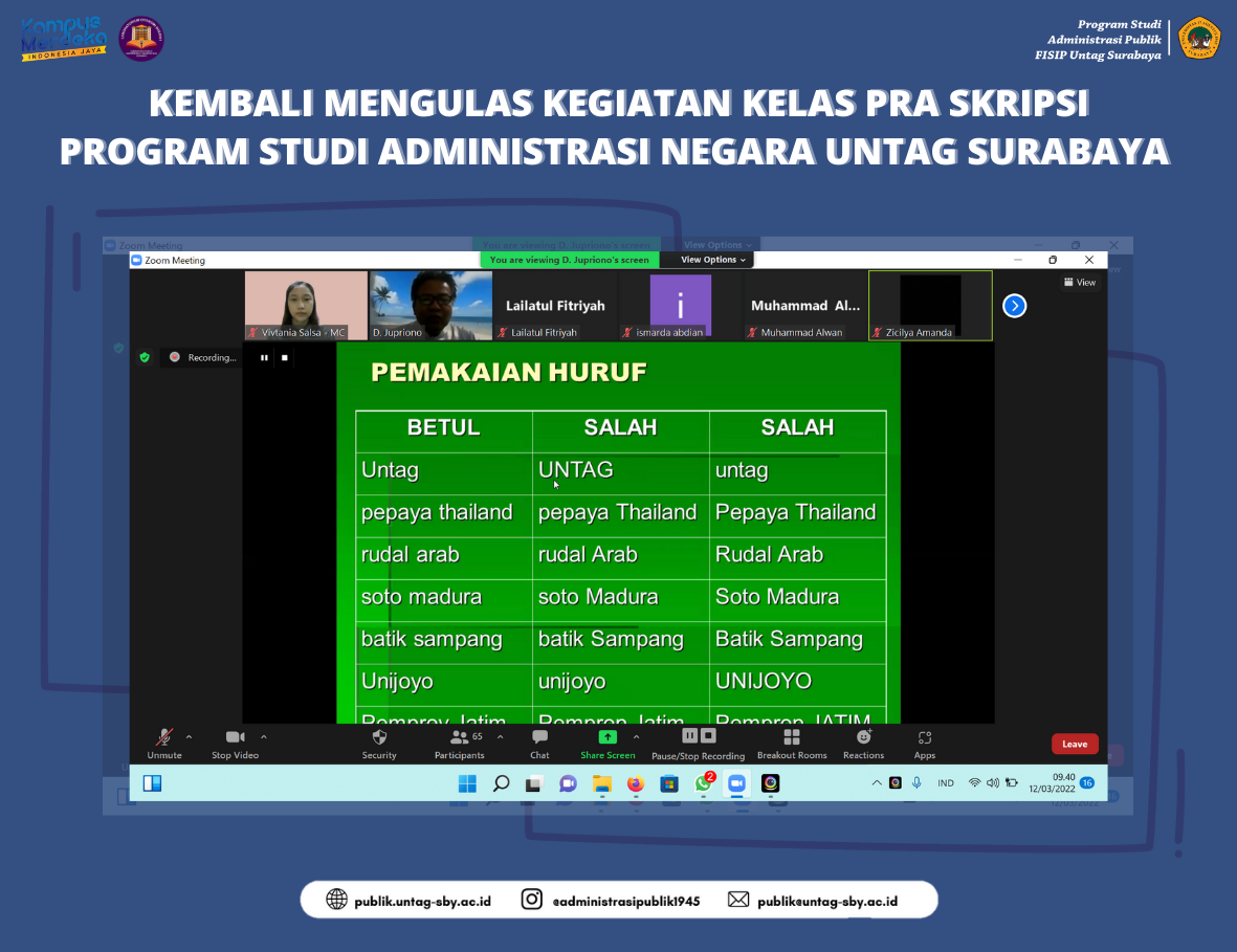 KEMBALI MENGULAS KEGIATAN KELAS PRA SKRIPSI PROGRAM STUDI ADMINISTRASI NEGARA UNTAG SURABAYA