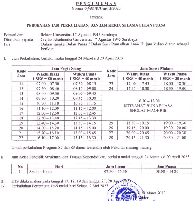 PENGUMUMAN PERUBAHAN JAM PERKULIAHAN SELAMA BULAN RAMADHAN