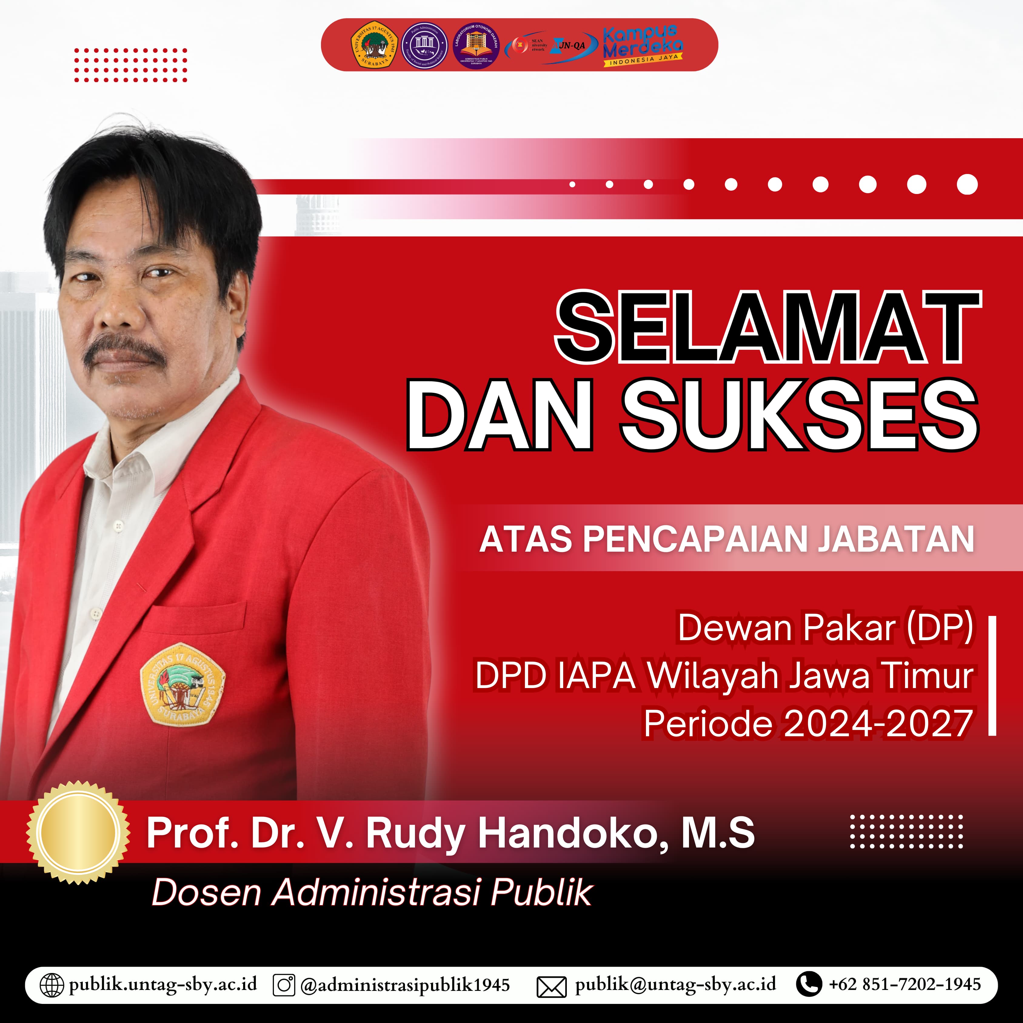 Selamat Atas Terpilihnya Prof. Dr. V Rudy Handoko, MS Sebagai Dewan Pakar DPD IAPA Jatim Periode 2024-2029