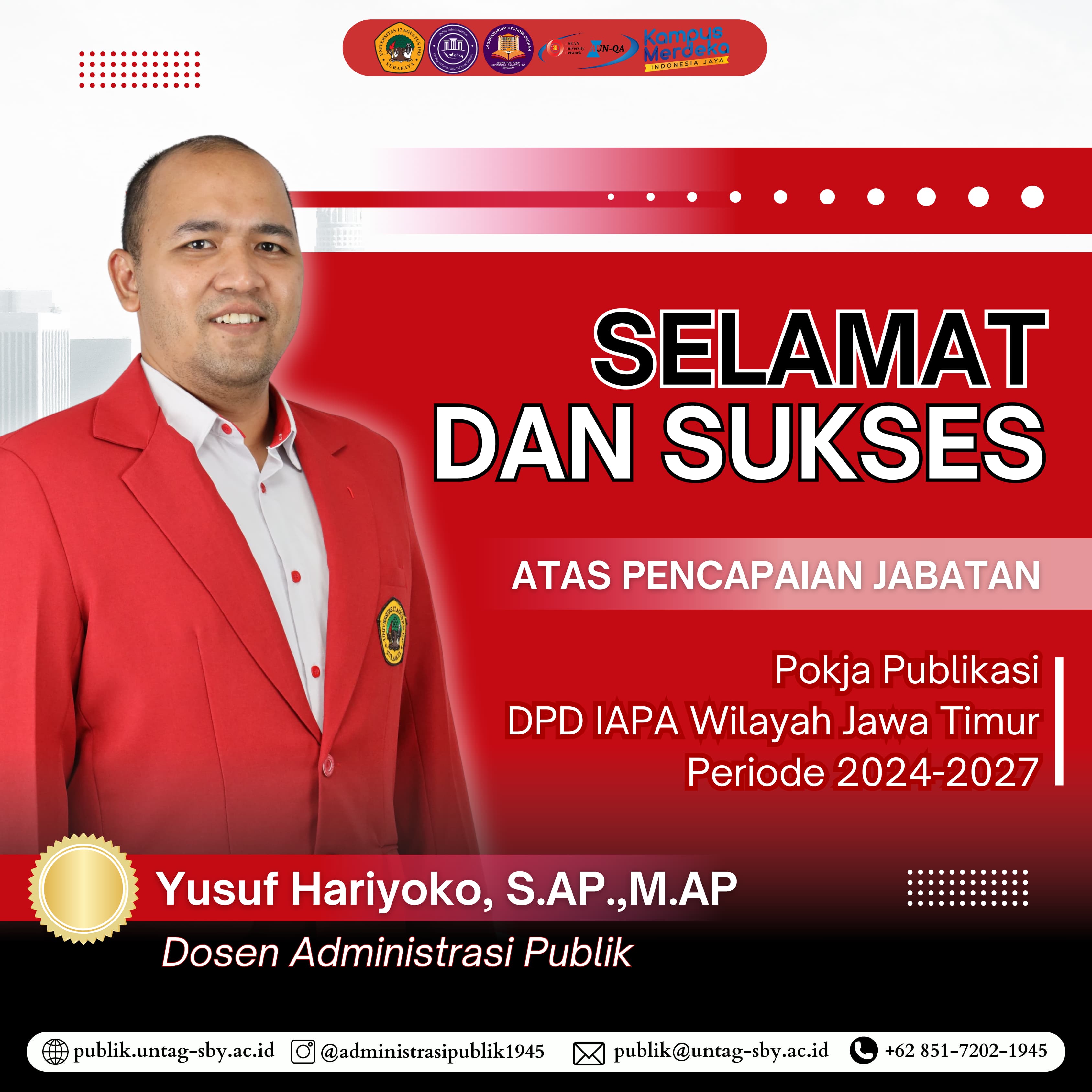 Selamat Atas Terpilihnya Yusuf Hariyoko, S.AP., M.AP Sebagai Pokja Publikasi DPD IAPA Jatim Periode 2024-2029