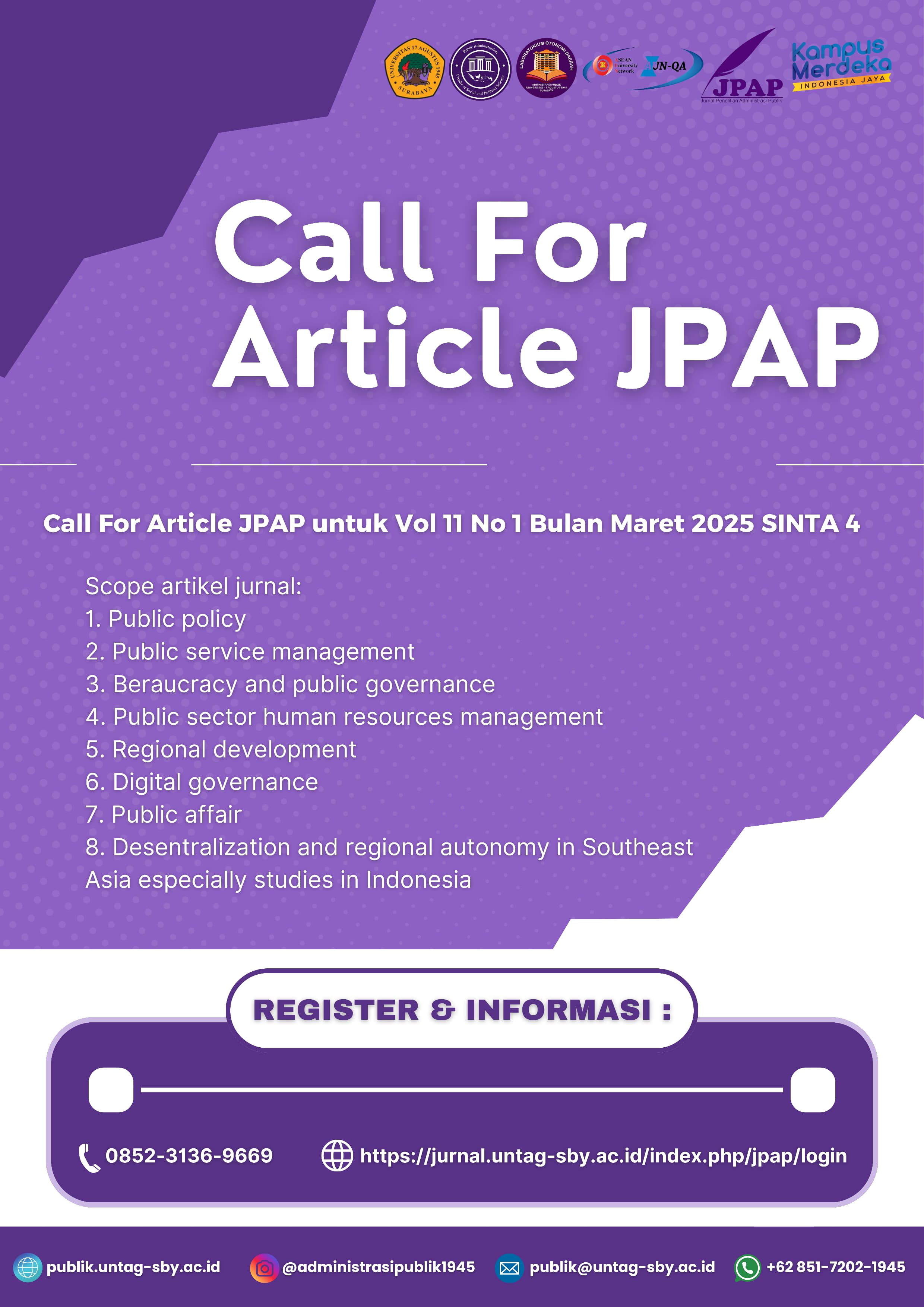 Call for Article Jurnal Penelitian Administrasi Publik Untag Surabaya