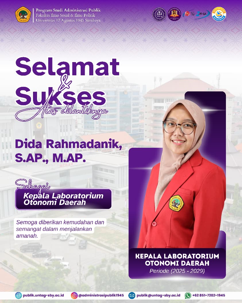Selamat Atas Terpilihnya Kepala Laboratorium Otonomi Daerah Untag Surabaya Periode 2025-2029