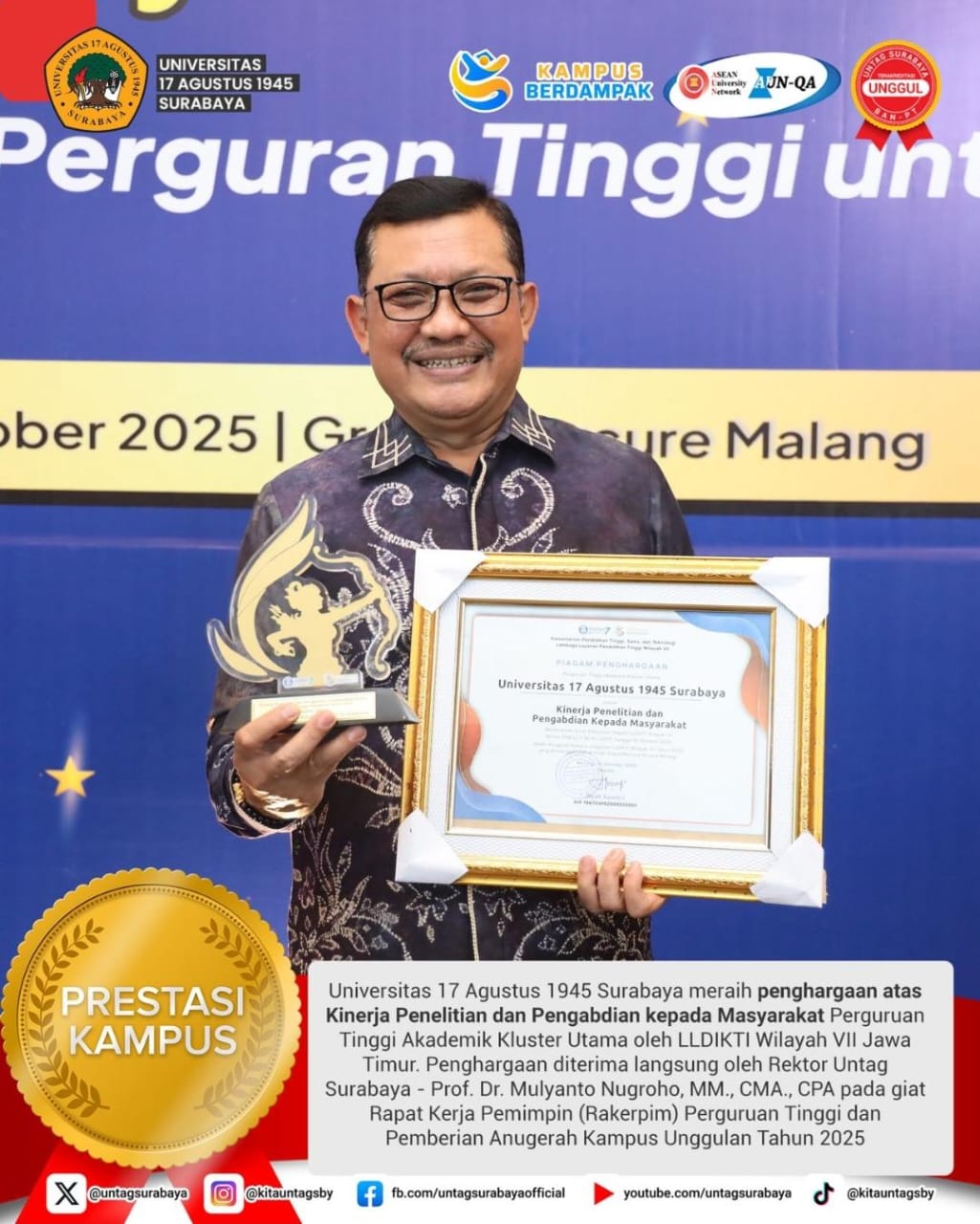 SELAMAT & SUKSES! Untag Surabaya Raih Penghargaan dari LLDIKTI Wilayah VII