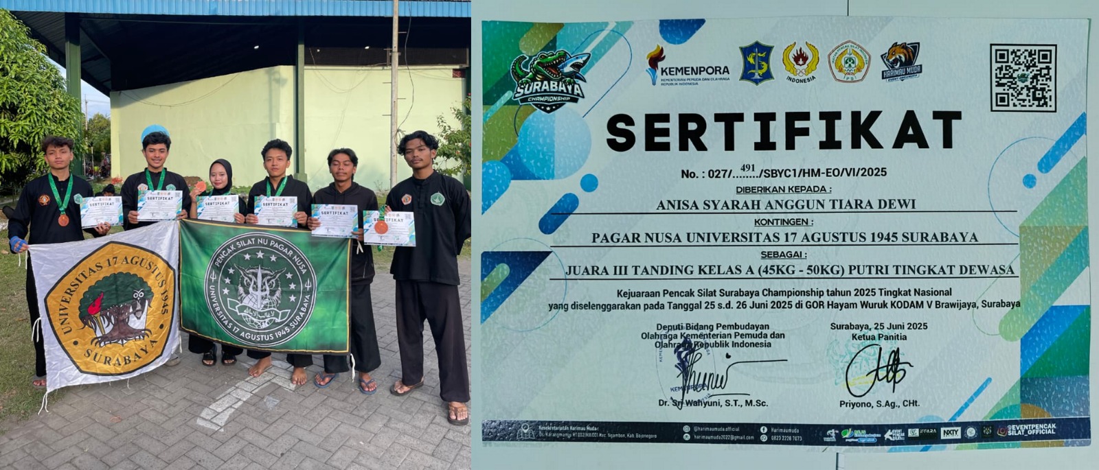 Mahasiswa Prodi Ilmu Administrasi Negara Untag Surabaya Raih Juara III pada Surabaya Championship Pencak Silat Tingkat Nasional 2025