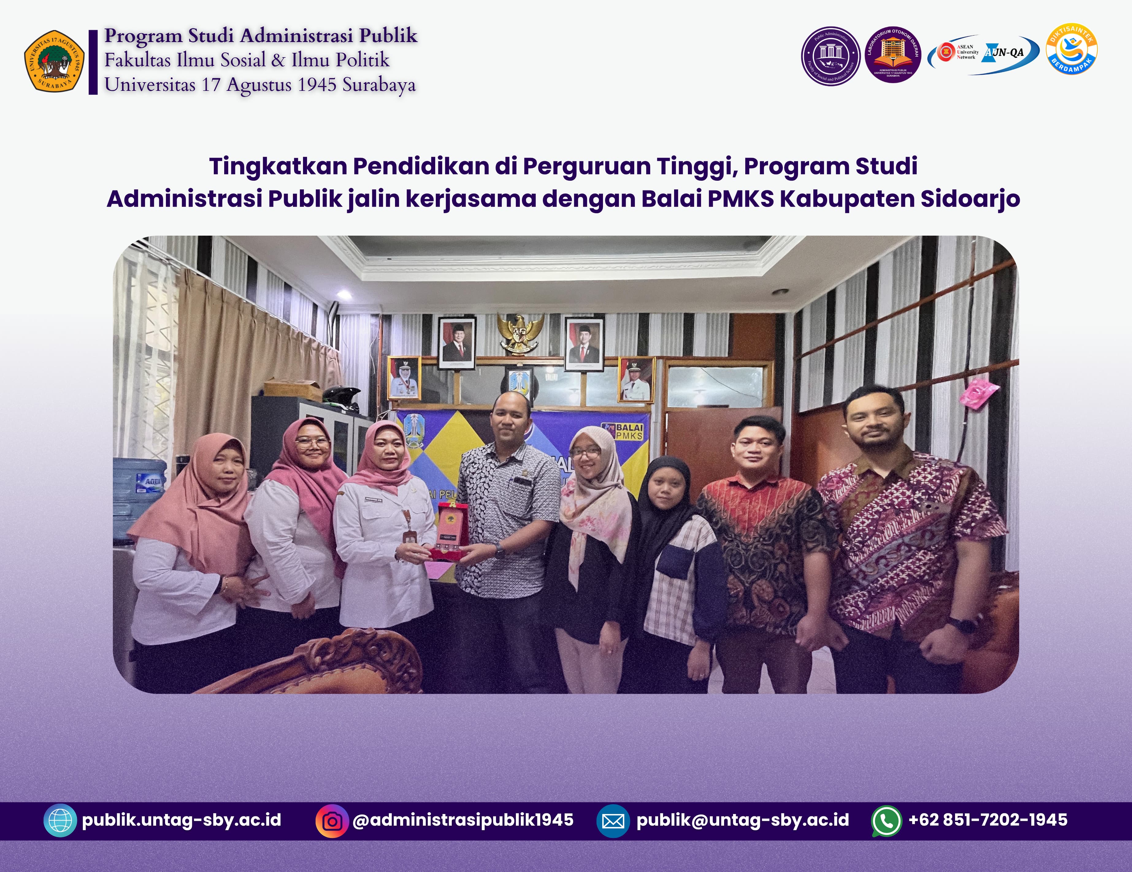 Tingkatkan Pendidikan di Perguruan Tinggi, Program Studi Administrasi Publik jalin kerjasama dengan Balai PMKS Kabupaten Sidoarjo
