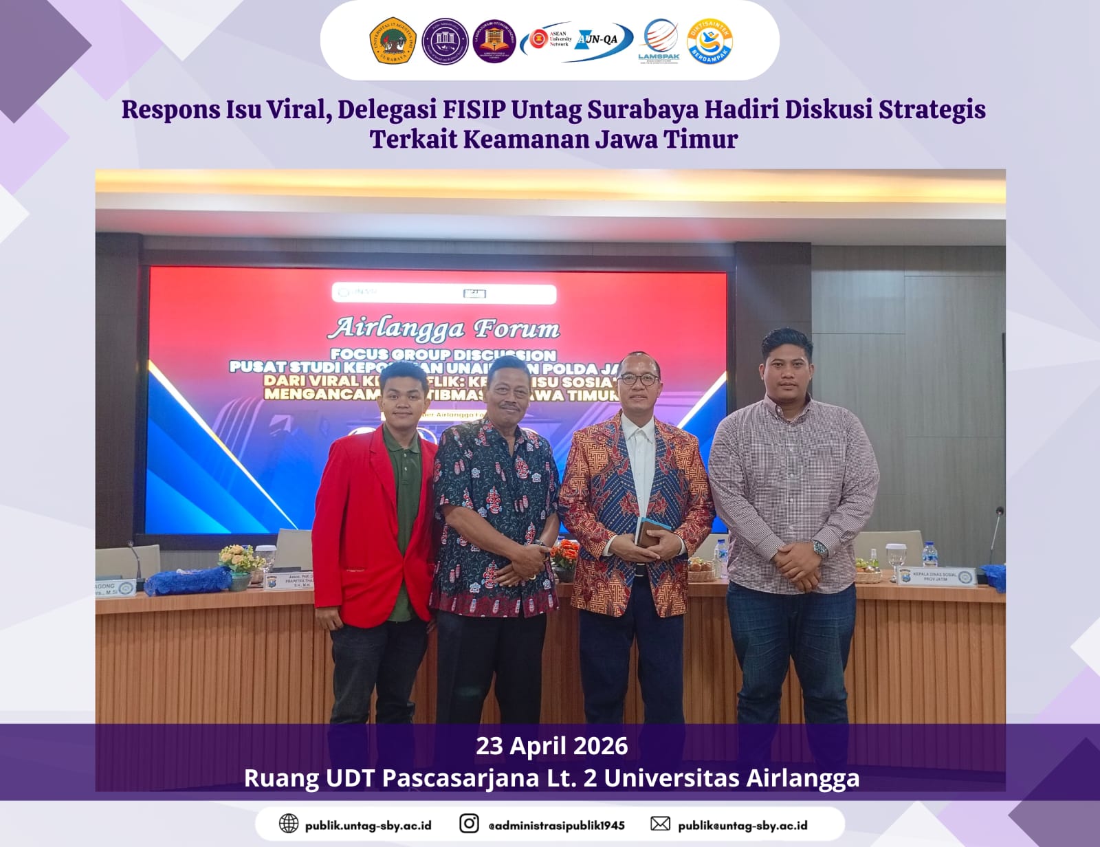 Dosen dan Mahasiswa Administrasi Negara Hadiri FGD Keamanan dan Ketertiban Masyarakat di Universitas Airlangga 